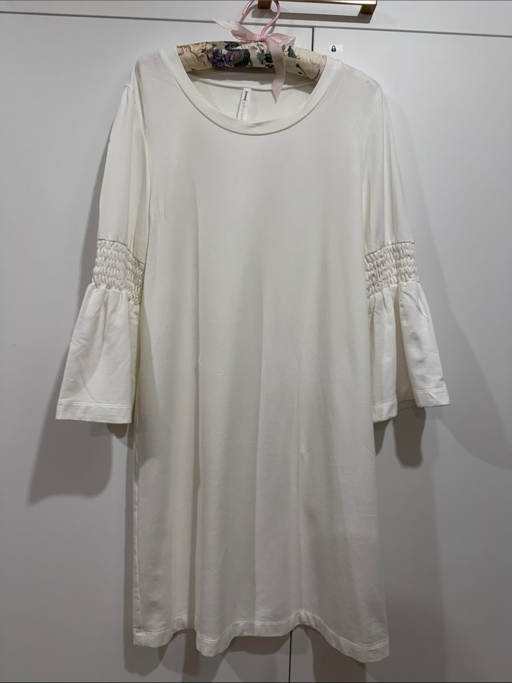 Iris Setlakwe Cream Smocked-Sleeve Midi Shift Dress
